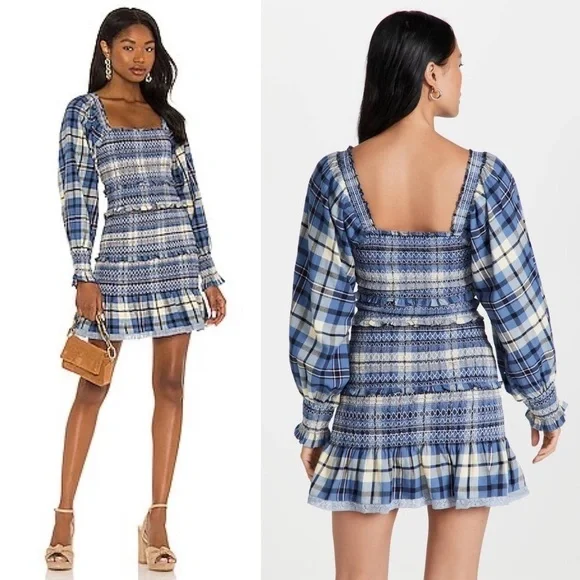 NEW LOVESHACKFANCY 90s Plaid Puff Sleeve Square Neck Smocked Tier Ruffle Dress M